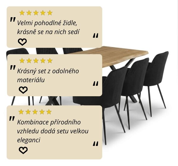 Vikio Jídelní set pro 6 osob 180x90 cm soft dub noha X černá židle s područkami VJS228-6C