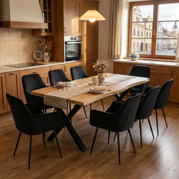 Vikio Jídelní set pro 8 osob 180x90 cm soft dub noha X černá židle s područkami VJS228-8C
