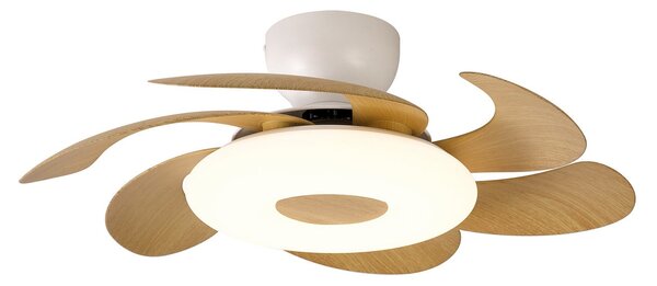LED stropní ventilátor Flower, dřevěný, s tichým stejnosměrným motorem, CCT – Mantra Iluminación, Flower, stmívatelné, Dřevo, Obývací pokoj, Plast, Moderní