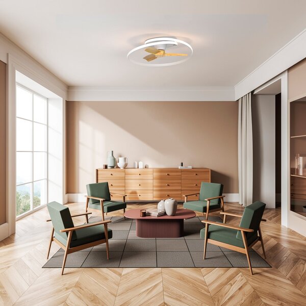 LED stropní ventilátor Ocean bílý/dřevo DC tichý CCT – Mantra Mantra Iluminación, Ocean, stmívatelné, Bílá, Obývací pokoj, Plast, Moderní
