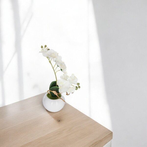 Bílá umělá orchidej ve květináči, 25 cm