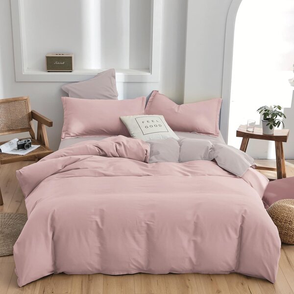 EXTRÉMNÍ SLEVA ! 100% Bavlněné oboustranné povlečení 140×200 cm + 70×90 cm, 7dílný set Růžová / Šedá + PROSTĚRADLO ZDARMA (200×220 cm)