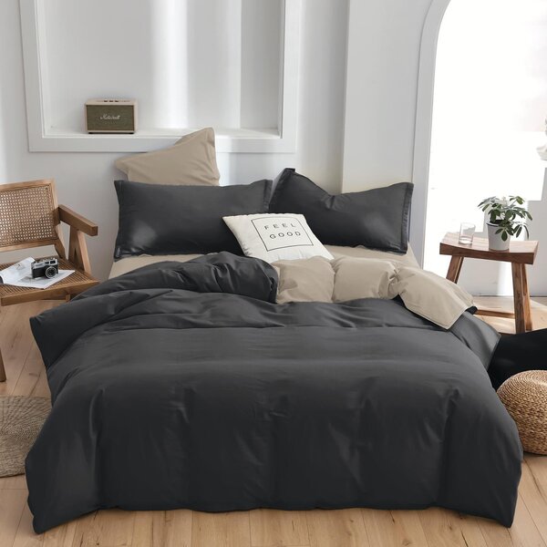 EXTRÉMNÍ SLEVA ! 100% Bavlněné oboustranné povlečení 140×200 cm + 70×90 cm, 7dílný set Tmavě šedá / Béžová + PROSTĚRADLO ZDARMA (200×220 cm)
