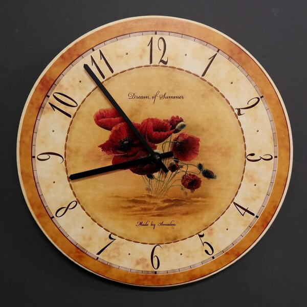 AMADEA Dřevěné hodiny nástěnné kulaté s vlčím mákem, masivní dřevo, průměr 25 cm