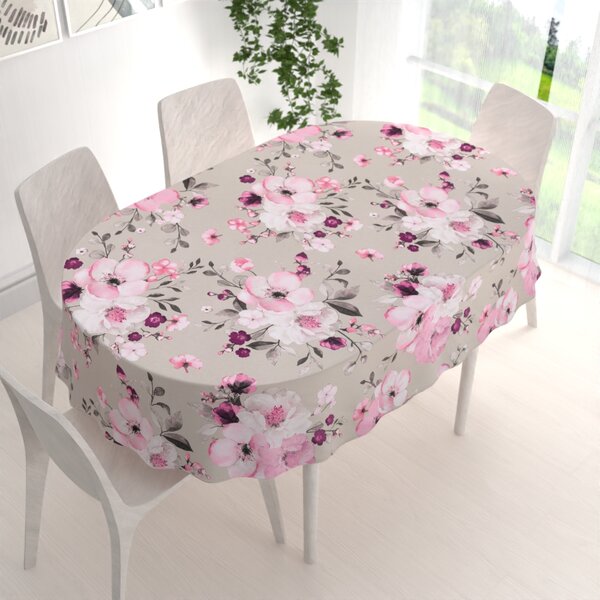 Biante Bavlněný oválný ubrus Sandra SA-494 Velké růžové květy na světle šedobéžovém 50x100 cm
