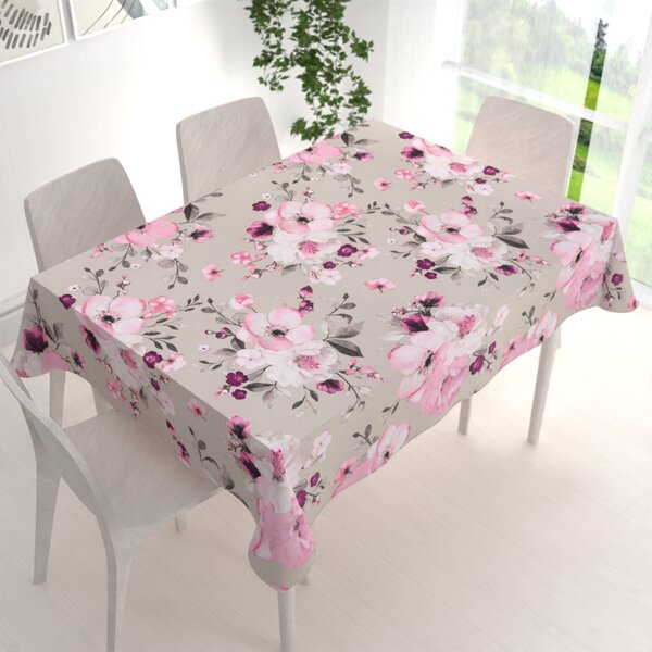 Biante Bavlněný obdélníkový ubrus Sandra SA-494 Velké růžové květy na světle šedobéžovém 50x100 cm