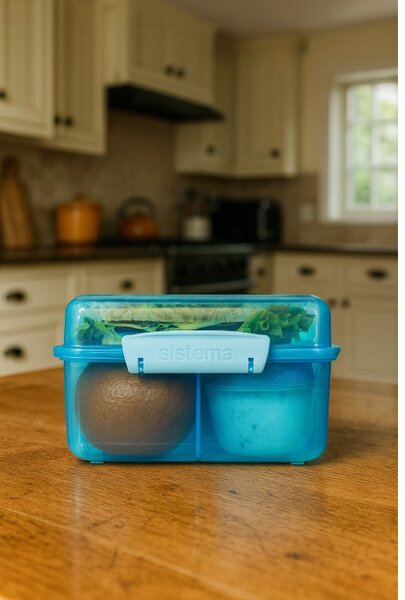 Sistema Dělený svačinový box Lunch Cube Max s nádobou na jogurt s dvojitým víčkem 2 l, modrá
