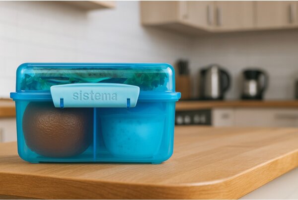 Sistema Dělený svačinový box Lunch Cube Max s nádobou na jogurt s dvojitým víčkem 2 l, modrá