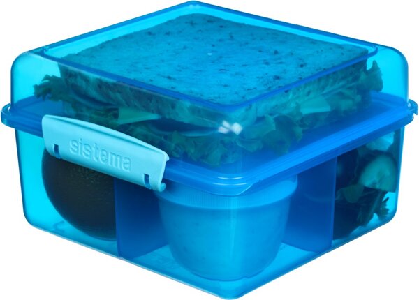 Sistema Dělený svačinový box Lunch Cube Max s nádobou na jogurt s dvojitým víčkem 2 l, modrá