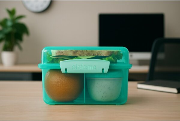 Sistema Dělený svačinový box Lunch Cube Max s nádobou na jogurt s dvojitým víčkem 2 l, mátová