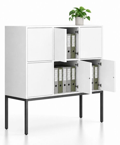 Kancelářská skříň FRAME, nízká, černá podnož, 6x dveře, 1299 x 450 x 1331 mm, PUSH-lock, bílá