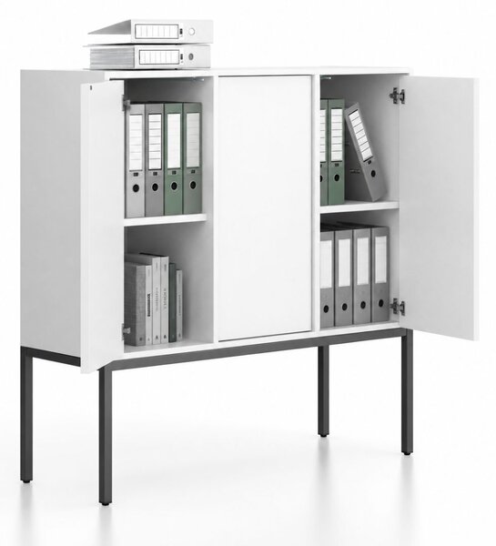 Kancelářská skříň FRAME, nízká, černá podnož, 3x dveře, 1299 x 450 x 1331 mm, PUSH-lock, bílá