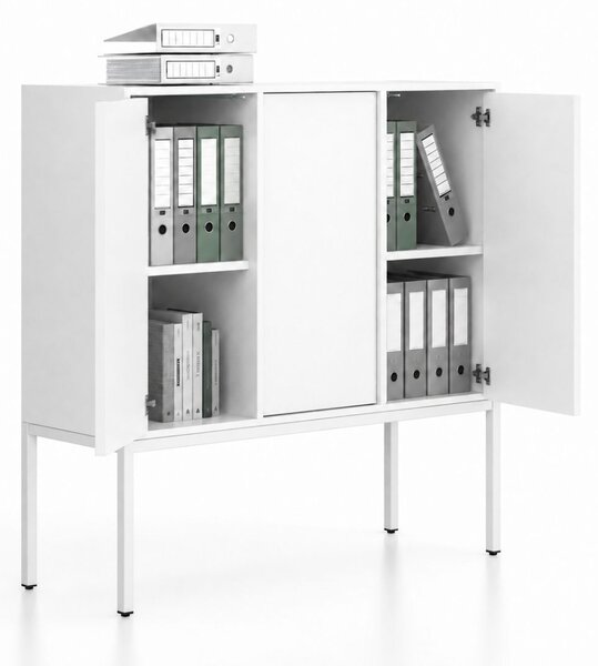 Kancelářská skříň FRAME, nízká, bílá podnož, 3x dveře, 1299 x 450 x 1331 mm, PUSH-lock, bílá