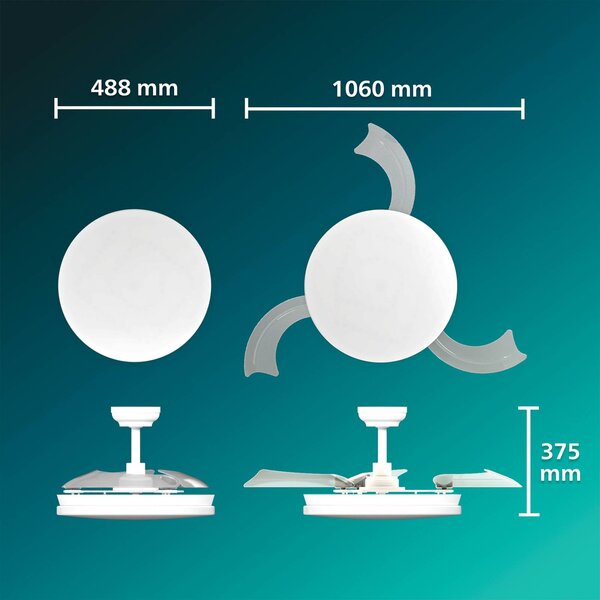 Philips Stropní ventilátor Solr s LED osvětlením, bílý, DC, tichý,, stmívatelný, Bílá / opál, Obývací pokoj / jídelna, kov, Moderní