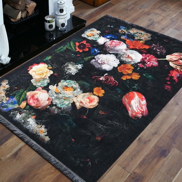 Makro Abra Moderní kusový koberec protiskluzový Horeca 19 Květy černý Rozměr: 120x180 cm
