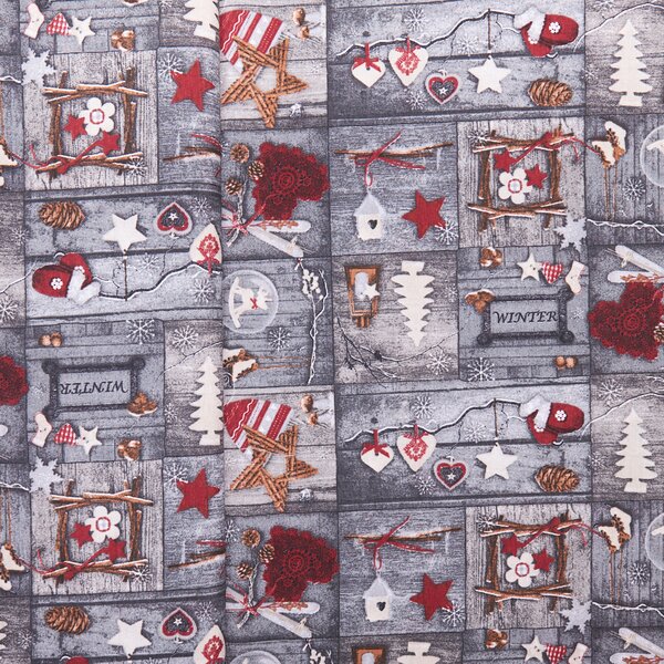 Tegatex Vánoční látka metráž – patchwork se stromečky šedý