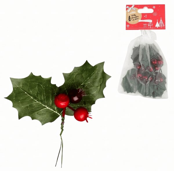 Vánoční dekorace na drátku HOLLY LEAVES 13 cm 6 ks