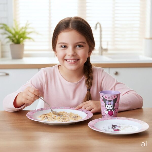 Sada plastového nádobí Kuromi s kelímkem - BPA free - souprava 3 ks