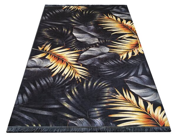 Makro Abra Moderní kusový koberec BLACK and GOLD 06 Listí protiskluzový černý zlatý Rozměr: 80x150 cm
