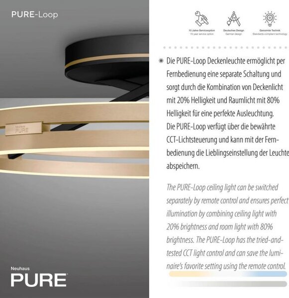 Paul Neuhaus Stropní LED svítidlo PURE Loop, pr.60cm, 7W+30W 2700-5000K, černá/zlatá slonová kost