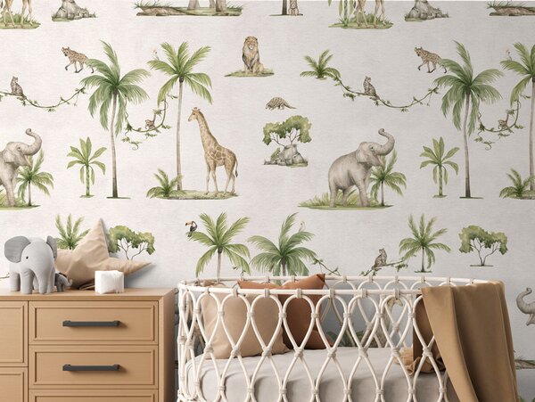 Safari tapeta se zvířaty - Joyful Jungle White | Fugu Materiál: Digitální eko vlies - klasická tapeta nesamolepicí