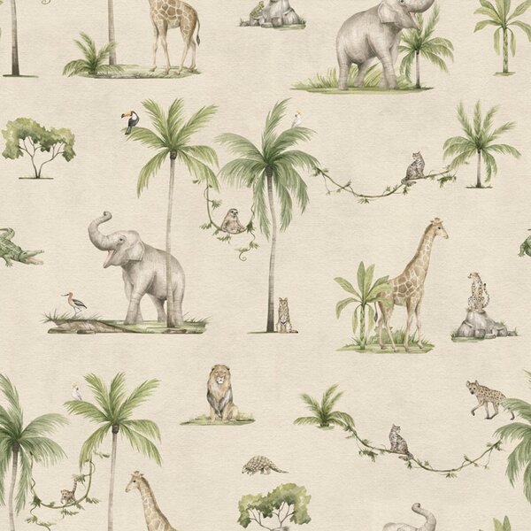 Safari tapeta se zvířaty - Joyful Jungle Sand | Fugu Materiál: Digitální eko vlies - klasická tapeta nesamolepicí