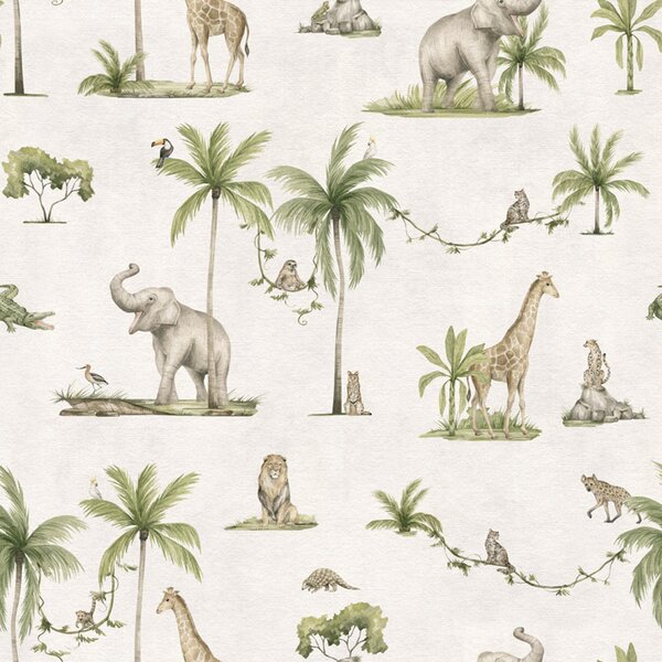 Safari tapeta se zvířaty - Joyful Jungle White | Fugu Materiál: Digitální eko vlies - klasická tapeta nesamolepicí