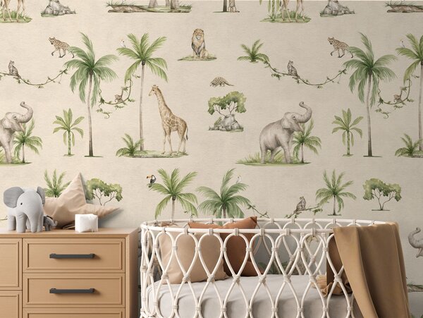 Safari tapeta se zvířaty - Joyful Jungle Sand | Fugu Materiál: Digitální eko vlies - klasická tapeta nesamolepicí