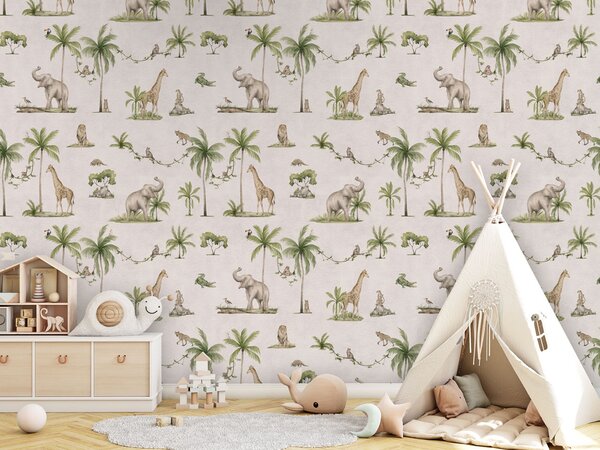 Safari tapeta se zvířaty - Joyful Jungle White | Fugu Materiál: Digitální eko vlies - klasická tapeta nesamolepicí
