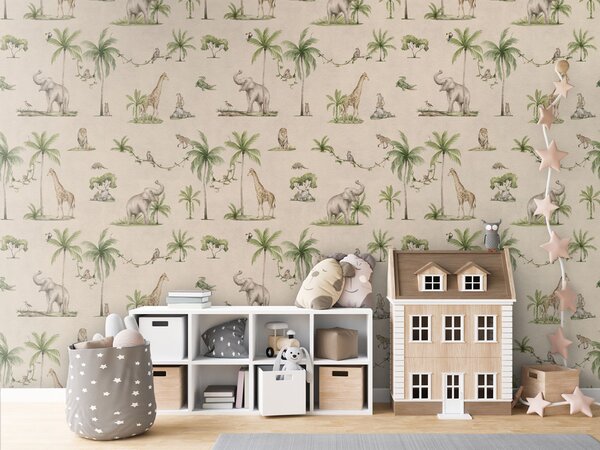 Safari tapeta se zvířaty - Joyful Jungle Sand | Fugu Materiál: Digitální eko vlies - klasická tapeta nesamolepicí