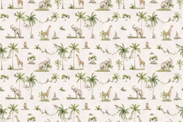 Safari tapeta se zvířaty - Joyful Jungle White | Fugu Materiál: Digitální eko vlies - klasická tapeta nesamolepicí