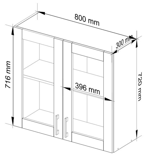 Horní dvoudveřová prosklená skříňka TRIVORA - šířka 80 cm, bílá / dub sonoma
