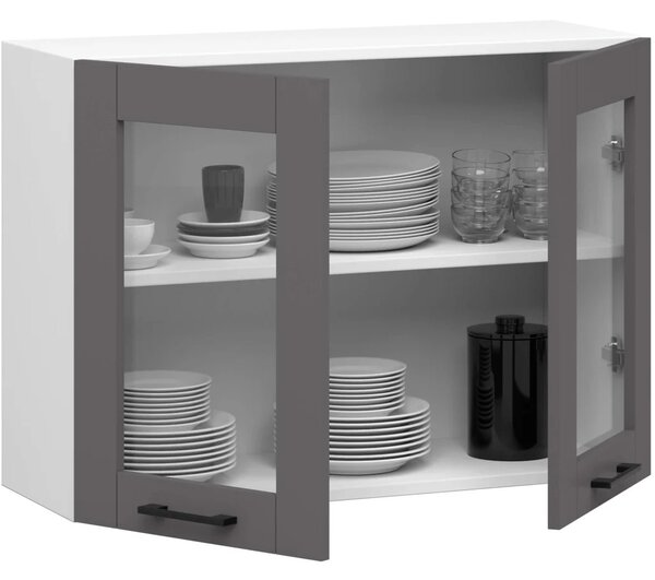 Závěsná prosklená skříňka 80 cm VERMINA - bílá / šedá