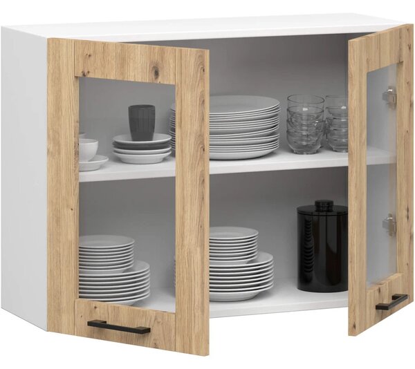Závěsná prosklená skříňka 80 cm VERMINA - bílá / dub artisan