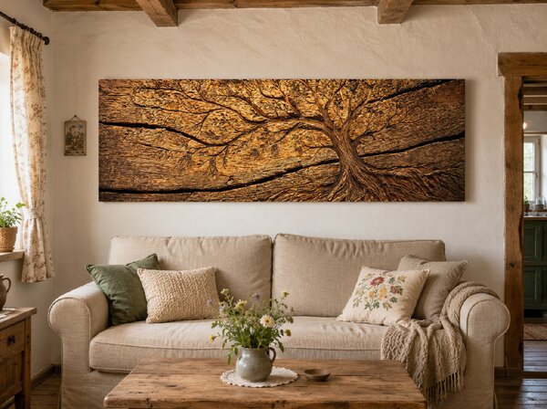 Obraz na plátně - Strom života Zemská energie, dřevo FeelHappy.cz Velikost obrazu (šířka x výška): 60 x 20 cm
