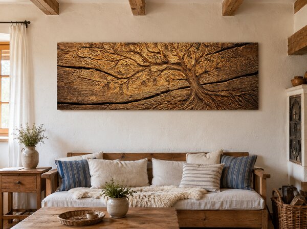 Obraz na plátně - Strom života Zemská energie, dřevo FeelHappy.cz Velikost obrazu (šířka x výška): 60 x 20 cm