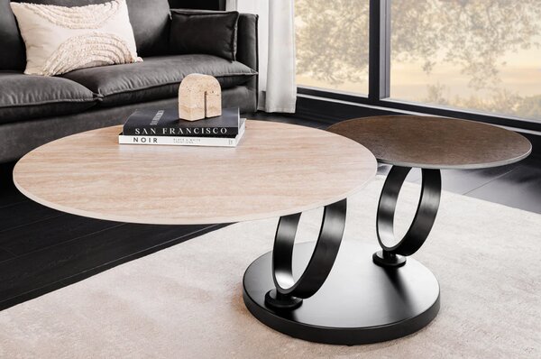 Massive home | Konferenční stolek DANCING RINGS 80-135 cm otočný keramický stůl s přírodním travertinem a vzhledem rezavění
