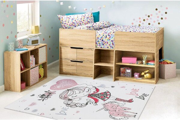 Dětský kusový koberec vhodný k praní BAMBINO 2644 Holčička Jednorožec bílý růžový Rozměr: 80x150 cm