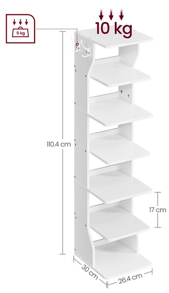 VASAGLE Botník 6 polic s háčky 26 x 110 x 30 cm bílý