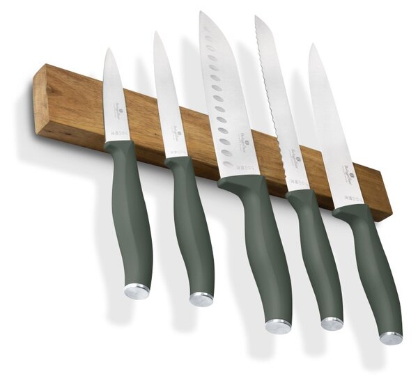 Sada nožů s magnetickým držákem z akátového dřeva 6 ks Matte Green Collection