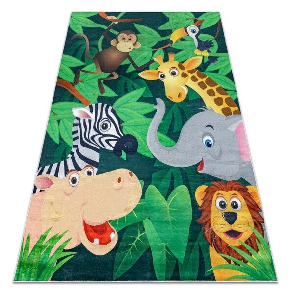 Makro Abra Dětský kusový koberec vhodný k praní BAMBINO 2705 Afrika Zvířátka, Lev Opice Hroch zelený Rozměr: 80x150 cm