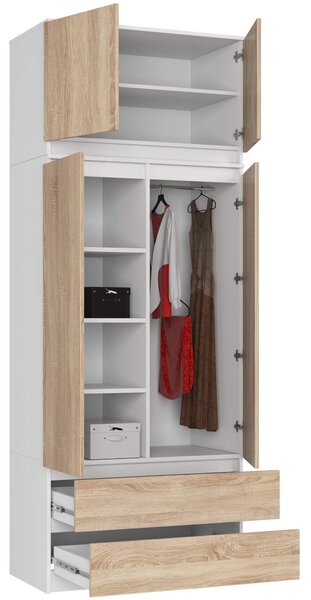 Šatní skříň s otočnými dveřmi a nástavcem 90cm bílá / sonoma