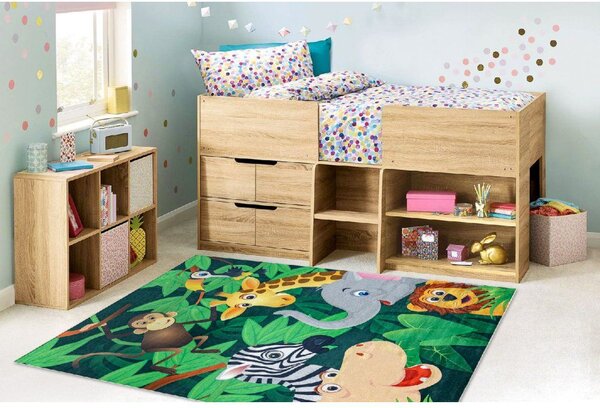 Makro Abra Dětský kusový koberec vhodný k praní BAMBINO 2705 Afrika Zvířátka, Lev Opice Hroch zelený Rozměr: 80x150 cm
