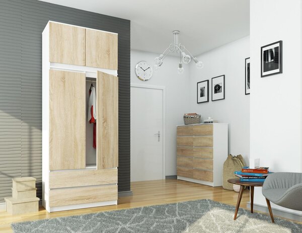 Šatní skříň s otočnými dveřmi a nástavcem 90cm bílá / sonoma