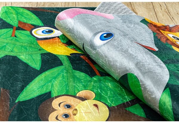 Makro Abra Dětský kusový koberec vhodný k praní BAMBINO 2705 Afrika Zvířátka, Lev Opice Hroch zelený Rozměr: 80x150 cm