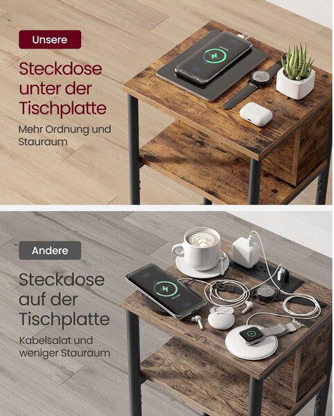 VASAGLE Odkládací stolek s elektrickou a USB zásuvkou hnědý