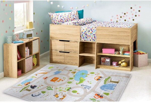 Makro Abra Dětský kusový koberec vhodný k praní BAMBINO 50230 Uličky Zvířátka Auta ZOO béžový zelený Rozměr: 80x150 cm