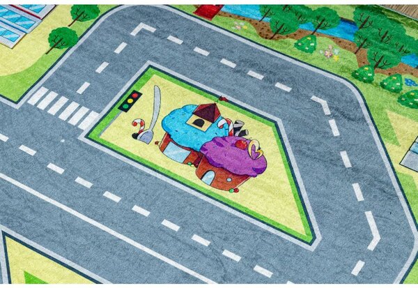Makro Abra Dětský kusový koberec vhodný k praní BAMBINO 9028 Město Ulice Uličky zelený šedý Rozměr: 80x150 cm