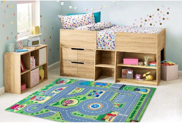 Makro Abra Dětský kusový koberec vhodný k praní BAMBINO 9028 Město Ulice Uličky zelený šedý Rozměr: 80x150 cm