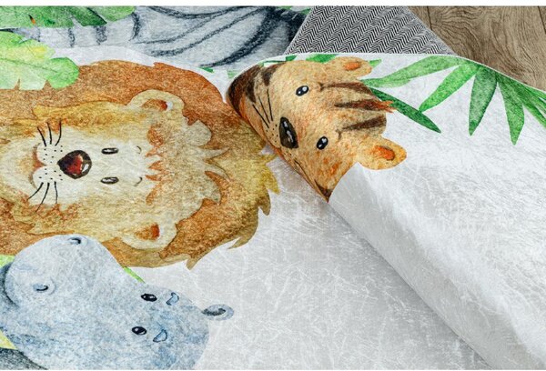 Makro Abra Dětský kusový koberec vhodný k praní BAMBINO 54090 Hroch Lev Žirafa Opička bílý zelený Rozměr: 80x150 cm
